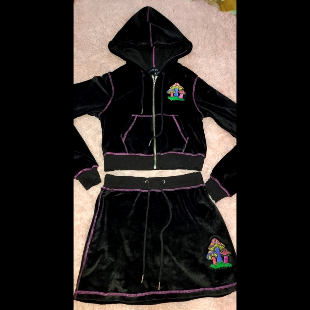 Dolls Kill Black Velvet Cropped Hoodie & Skirt Set with Purple Trim